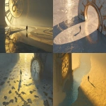 **A surreal landscape where shadows stretch across an empty floor, a human figure walking beside a giant antique clock with its hands entwined around their stride, a river flowing backwards with ripples forming footsteps, time bending like liquid light, ethereal atmosphere, soft golden glow, mystical and contemplative mood, cinematic, highly detailed --ar 3:2** - <@876267919003238460> (fast)