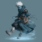 **fantasy art style. young air genasi misty stepping. He is a cleric with black hole iconography. he has bits of rogue gear mixed into his robes, such as a leather pauldron** - Image #2 <@784252075265490974>