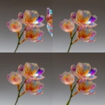 **photograph and ultra high resolution photograph of a stem of orchid blooms. Use a delicate and transparent liquid glass sculpture and texture. Keep its shape and silhouette recognizable with no deformation or twists. Ensure the orchids are designed with a glass like appearance that is pristine, strong, iridescent and reflective and crystal clear. Use vivid rainbow flares and refractions of light that catch the eye at the edges and curves. The glas surface should be uniform and have a light and neutral gray tone. Ensure soft edged light is used and a simple white background can be distinguished behind --ar 4:5 --raw --stylize 600 --c 18** - Zoom Out by <@1083674863752978512> (fast)