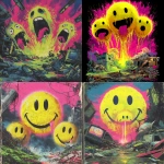 **80s horror B-movie poster style UK bassline cover art, acid rave theme, dripping yellow smiley faces with tongues out and sweat, chaotic debris, exaggerated lighting, VHS grain, neon green and pink palette, hand-painted airbrush textures, campy sci-fi horror vibe, glowing outlines, dramatic composition, inspired by Phatworld, Mozey, Interplanetary Criminal, --ar 1:1 --v 7.0 --s 850 --q 2 --raw** - <@289277077293760513> (fast)