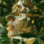 **Abstract skincare ad, close-up of a human face made entirely of clear, reflective glass, surrounded by fresh green leaves, golden face oil slowly dripping and flowing down the smooth glass surface, hyper-realistic textures, soft natural lighting, ethereal and artistic, luxury beauty campaign, minimalist studio background --ar 3:4 --v 6.0 --raw** - Image #3 <@1137663032605028362>