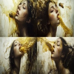 **exquisitely surreal and ominous painting by Taras Loboda + Annick Bouvattier + Yoann Lossel Of honey woman with yellow honeycomb tongue, in the style of oil paintings, intimate portraits , photo-realistic compositions, raw emotions, i can't believe how beautiful this is, gold, uncanny juxtapositions --chaos 30 --ar 7:4 --v 6.1 --s 888 --weird 333** - Variations (Strong) by <@1038536641180094535> (relaxed)