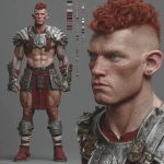**Character design sheet. Realistic 3d rendering. Character design sheet of a ruggedly handsome, Hyper muscular handsome half orc, bodybuilder, bright silver eyes, short curly red Mohawk, short pointed ears, defined muscles, Huge leg muscles, huge pectoral muscles, big arm muscles, vascular hyper muscular, wide Grecian nose, strong square jaw, defined cheek bones, masculine features, freckles, Bodybuilder, short pointed ears, wearing Roman gladiator armor.** - Image #1 <@1222981214734913607>