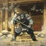 **Anime still, undead zombie warrior, wearing tribal armor, holding axe in both hands, ready to strike, in Japanese anime style.** - Image #2 <@186377350642925568>