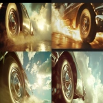 **close-up of a vintage taxi tyre spinning fast on glowing clouds, cloud flicking up, early sunlight reflecting off chrome hubcaps, cinematic, slow-motion feel, intense detail, 35mm film texture --v 6.0 --ar 16:9 --raw** - <@846005071686270976> (fast)