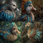 **Aztec-feathers in a Fluvioglacial-Outwash-Plaines Design cover a Cute Duck during the Apocaylpse --ar 3:2 --v 7.0** - <@426654487248109579> (fast)