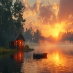 **cinematic animated-style scene, arthouse animation film quality, visual poetry, serene lakeside at sunrise, warm amber and soft pink sky, gentle morning mist slowly drifting across still water, cozy wooden cottage with subtle warm interior glow, surrounded by quiet forest and wildflowers, small wooden dock with faint lantern light, calm boat resting on water, dreamlike atmosphere inspired by continental drift, sense of slow time and quiet continuity, painterly lighting, soft cinematic color grading, subtle film grain, shallow focus, balanced composition, minimal visual noise, timeless atmosphere, seamless loop-friendly scene, no dramatic motion, no strong contrast, fantasy realism, not photorealistic, relaxing jazz mood, deeply calming and healing, no people, no text, no logos --ar 16:9 --v 6.0 --s 900 --raw** - Upscaled (Creative) by <@1364091927640670238> (fast)
