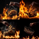 **a black person's hand holding the handle of a fish frier basket tossing freshly fried fish in the air from the fryer basket. Against a black background with fire flames in the background.** - <@817880507983069194> (fast)
