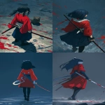 **Back shot, looking back, a female animal character , face of sea otter, black nose, winker, inspired with Hibiki Takane, holding her sword around her hip, white sheath of sword on waist, in Japanese Iai style,slashing dynamically, dark navy blue hair with side hair, long straight dark navy hair, side separated bangs, red Japanese outfit over white inner, red hakama style skirt, black stockings, zouri, dashing, motion trail, high speed motion, night, by the river, red stain on face, melancholic and emotionless face, dynamic angle, close up upper body. --ar 9:16** - <@1295038533547069462> (relaxed)