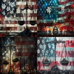 **Symbolic illustration of the scales of justice, clearly unbalanced, left side raised high with glowing white lilies, right side sinking low weighed down by jagged black coal, bold artistic strokes, American flag painted in the background, dramatic color contrast, metaphorical artwork, abstract but recognizable, evocative and powerful --ar 16:9 --v 6.0 --raw** - <@1273779388386770994> (fast)