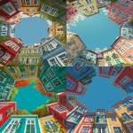 **illustration of colorful houses with white window frames and green shutters, seen from below in the center of a city square, with a clear blue sky above. the perspective is from directly under the houses, looking up at their rooftops, with flowers on top. the composition is circular, which could be used as an avatar or profile picture. --ar 85:128** - <@887290959732305930> (fast)