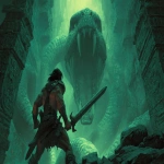 **conan the barbarian in an attack pose holding a greatsword ready to strike a massive evil snake with huge fangs in an ancient temple. Scener is dark and grim with eerie green lighting. Frank Frazetta style. --ar 16:9** - Image #1 <@185556629561933824>