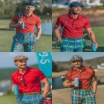 **Realistic photo of a 25-year-old Caucasian male golfer on a real golf course, wearing bold blue and green plaid pants, a solid red polo shirt (no patterns), and a newsboy cap. He’s smiling naturally. Holding a golf driver slung casually over his shoulder, and a slim beverage can in his other hand. Realistic skin texture, light stubble, confident posture. Daylight, soft shadows, no filters. Candid style photo taken with a Canon EOS R5 and 85mm lens, shallow depth of field, natural color, no retouching. Looks like a professional lifestyle shoot for a golf brand ad. --v 7.0 --ar 3:4 --quality 2 --s 250 --no illustration, painting, fantasy, anime, 3d, cgi --raw** - <@896806669613408316> (fast)