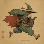 **male goliath monk, wearing a cloak and wizard hat, running, in old japanese art style** - Image #2 <@324026080451100683>