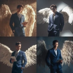 **stylish Asian man in navy blue suit, light brown hair, looking directly at the camera with a charming smile, holding an iPad, one hand in pocket, large elegant white angel wings behind him, dramatic studio lighting, soft business-themed blur in the background, photographed from a low angle, fashion magazine style, ultra sharp, 4K** - <@427615579231485956> (fast)