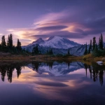 **Stacked lenticular clouds at dawn over Mount Rainier, glassy Reflection Lakes capturing layered forms; intimate sense of connection and companionship. Cool sky with lilac accents Pantone 2645 C, soft golden edge light, ultra-realistic, clean composition, ample negative space; no people, no birds, no text, no logos** - Image #4 <@1108853965199769681>