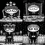 **Nine of Cups tarot card by Sarah Andersen. The image is black and white and depicts a man with turban sitting on a chair and his hands folded across his chest. Behind him, There is high table cover with tablecloth and there are nine cups on the table. all set against a black background, and the overall design is simple yet striking, in the style of Sarah Andersen. --ar 3:5 --profile fllp7es** - <@409716268476923920> (fast)