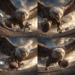 **Ultra-hyper realistic bald eagle diving from the sky, enormous wings spread wide, extremely intense angry expression, razor-sharp metallic talons gripping an American football tightly. Close-up dynamic perspective from below, fisheye depth, dramatic golden-hour sky with heavy clouds, stadium full of crowd blurred in background. Extreme texture detail on feathers, claws, and football leather grain. High-contrast cinematic lighting, volumetric light, HDR shadows, rich warm tones, Octane-style rendering, 8K resolution.** - Variations (Strong) by <@1159052501048361012> (fast)