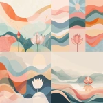**flat decorative illustration style inspired by modern folk art, layered pastel color gradients with soft transitions, clean vector-like shapes, bold but gentle color blocks, no realistic rendering, minimal conceptual composition, large empty negative space, one single lotus flower silhouette placed in the lower right area, lotus simplified and iconic, smooth organic outline, four seasons represented by color zones distributed across the canvas, spring area in soft pink and light green, summer area in warm coral and light blue, autumn area in muted orange and warm red, winter area in cool blue and pale cyan, seasons expressed only through color fields and gradients, no seasonal objects, no scenery, no background illustration, balanced modern layout, graphic design poster style, clear spatial separation between seasonal color regions, calm, refined, contemporary, --ar 3:2 --v 6.0 --raw** - &lt;@1399973686940795053&gt; (fast)
