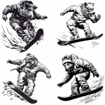 **black line art illustration, simple tattoo-style outline, dynamic snowboarder mid-jump, clean bold lines, minimal shading, white background, detailed winter clothes, expressive motion, wild boar head instead of the original head, large tusks, aggressive expression, smooth flowing linework, high contrast, stylized minimalistic design --v 6.0 --ar 1:1 --raw** - <@1411409201405624532> (fast)
