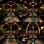 **Surrealism 1970s abstract luxury music lounge, black gold brown colors rich colors, luxury, hd quality , vinyl showing, low lighting, leather conversation pit, tall abstract speakers, vinyl records , bar lounge included** - Zoom Out by <@951239260281913364> (fast)