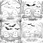 **cute ghost and skeleton roasting marshmallows, campfire, bats above, coloring page, thick outlines --ar 5:7** - <@437878260013989888> (relaxed)