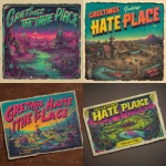 **Distressed horror-comic postcard design, "Greetings from I Hate This Place" in bold retro type, vivid neon-tinted palette with muted shadows, surreal isometric landscape ruined ranch, haunted fields, twisted forest edges, glowing cult symbols, varius mutated creatures, , mutated creatures lurking in fog twilight lighting with eerie fog, vintage postcard paper grain, torn edges, unsettling yet stylish 1980s horror aesthetic faithful to the game’s promotional art** - <@724956418507014146> (fast)