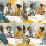 **a group of designers at a table discussing a set of plans, for a graphic for a PowerPoint, more stylistic than photo realistic, image of a Hispanic man and white woman, discussing plans on a table --v 7.0** - Variations (Strong) by <@425885932529647627> (fast)