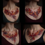 **chest tattoo on a women, tattoo of a phoenix bird made of leaves and feathers, leaves and feathers are fall colors --v 7.0** - Variations (Strong) by <@966519024106217482> (fast)