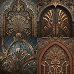 **Close-up of an Art Deco style entrance door, featuring intricate geometric and fan-shaped patterns, glowing gold and bronze metallic details, stylized floral motifs, symmetrical ornate carvings, ultra high-resolution, luxurious 1920s aesthetic, craftsmanship and texture, orthographic view** - <@856182890572415006> (fast)