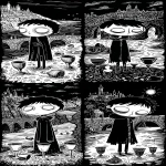 **Five of Cups tarot card by Sarah Andersen. The image is black and white and depicts a mysterious young man in a black cloak standing with their head turned away, looking at the ground. Three cups lying on the ground and two cups stand on the ground on each side of the figure, and a river flows behind them. In the bottom left corner, there is a small stone bridge and a city or castle can be seen in the distant background. all set against a black background, and the overall design is simple yet striking, in the style of Sarah Andersen. --ar 3:5 --v 7.0 --p fllp7es** - Variations (Strong) by <@409716268476923920> (fast)