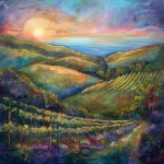 **A breathtaking ethereal landscape painting, blending vibrant oil paints with luminous, translucent organza textures, capturing a vineyard at golden hour with rolling hills, lush grapevines, and a tranquil seascape horizon. A rising sun with soft pinks, lavenders, and golds evokes empowerment and resilience, with delicate organza layers adding shimmering, whimsical depth. The composition radiates divine calm and timeless elegance, transforming spaces into sophisticated sanctuaries, framed by a luxurious interior hint. Inspired by nature’s grace and spiritual strength, in Deeline’s mixed-media style, highly detailed, cinematic lighting, 4K resolution. --v 6.0** - Image #3 <@1110395229338615829>