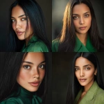 **a professional photograph of an exotic-looking, beautiful woman with long, straight, shiny black hair, light brown skin, and hazel eyes. she is wearing green attire in the city. her makeup is minimal yet flawless, perfect for model-level photography. the image was shot on a sony a7r v with an f/2 lens.** - <@1176528279734329450> (fast)