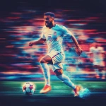 **18 year old mbappe soccer player with ball heavy glitching data hacking past players on field pitch dynamic movement high motion blur surreal imaginative super future technology --v 6.1** - Image #4 <@877319452205678602>