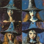 **young witch, Michael kaluta, pale blue witch hat, blue skin, deep dark purple background, stars, --v 6.0 --stylize 209 --sref 3015538520** - <@769598160363323403> (fast)