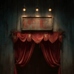 **An open retro circus curtain at night. Over the curtain is a wooden square sign board with grunge paint and missing letters. Photorealistic --ar 8:5 --v 7.0 --p 7hy8o9f** - Image #3 <@1124306677462745169>