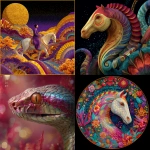 **Create spiritual picture of leaving the year of the snake equals to 2025 and entering the year of the horse equals to 2026. It should be colourful, beautiful, stunning and out of this world** - <@1025439472017485905> (fast)