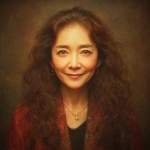 **Yoshiko, a Japanese woman in her mid-50s. She has long, wavy hair and strikingly large eyes, smiling with a deep gaze. She has a slightly plump figure. Portrait. Oil painting style. --v 7.0** - Image #1 <@1105655477741813870>