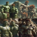 **Realistic 3d rendering. Full body portrait of two characters. ruggedly handsome, Hyper muscular handsome twin green skinned orcs, bright silver eyes, short curly redred hair, short pointed ears, defined muscles, pronounced features, hyper muscular, wide Grecian nose, strong square jaw, defined cheek bones, masculine features, freckles. Bodybuilder. wearing a tight short leather skirt. His oiled skin glistens under intense studio lighting. A strong camera flash highlights the shine on his muscles, creating bright reflections on his body, arms, and thighs. Retro fitness photography style, slightly exaggerated lighting contrast, 90s magazine aesthetic, center-framed, studio portrait shot. Standing and posing in a sunny rocky field. --ar 5:6** - <@1222981214734913607> (relaxed)