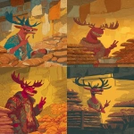 **a cartoonish red-skinned, boho-style reindeer with large, exaggerated teeth and antlers, grinning at the camera while making peace signs inside an underground market where stalls overflow with croissants, pain au chocolat, and golden flaky pastries, background glowing in warm buttery yellow hues, the reindeer’s skin rendered with detailed textured layers reminiscent of pastry crust, in the style of robert crumb, viennoiserie aesthetic --ar 85:128 --v 7.0 --p mwpi95x** - <@451473582770618389> (fast)