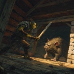**in a Dungeons and Dragons art style, a scared goblin with a sword fighting a filthy vicious big black rat, inside an old wooden hag's hut, scary, gross --v 7.0** - Upscaled by <@478047972412620803> (fast)