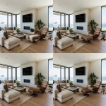 **ultra-realistic photograph of a coastal modern open floor plan living room in Manhattan Beach, California, warm oak wide plank hardwood floors, large black-framed windows with panoramic ocean and beach view, Restoration Hardware modern-inspired neutral palette, plush L-shaped sectional rotated so one side faces the ocean and the other faces a sleek TV above a limestone fireplace, layered grass cloth and Persian area rug, stone coffee table, leather lounge chair, wood rectangle couch table with lamp and fresh flowers and books on top, textured throw pillows, soft ambient natural daylight, sculptural chandelier, layered organic textures, styled for a luxury interior design Instagram post, straight-on wide-angle lens, full view of space including ocean view and TV wall, center fireplace, angle chair and ottoman towards tv, remove table next to chair, photorealistic details, depth, natural shadows --v 6.0 --raw --ar 13:10** - Variations (Region) by <@1339375378858381312> (fast)