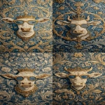 **<https://s.mj.run/BENSP7WwF18> a wallpaper of the french blue and gold tapestry with an intricate design depicting a small cow wearing sunglasses, a crown on its head, and a golden necklace, in the style of the renaissance. --ar 13:25 --iw 3** - <@1103975769467789322> (relaxed)