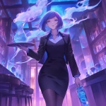 **Anime, A night club filled with smoke and mirrors that reflect the single beauty walking forward, it's a woman in a business jacket and a long pencil skirt, dark brown stockings, she's carrying a tray with a large pitcher of ice, her hair midnight blue with purple tips and short cut hair ending around the shoulders, confident smile, narrow squinting blue eyes, pencil thin black eyebrows flat --niji 6** - Upscaled (Subtle) by <@372629349565988865> (fast, stealth)
-# Create, explore, and organize on [midjourney.com](<https://midjourney.com/imagine?from_discord=1>)