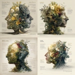 **"Artistic cross-section of a human head showing the sinuses as a symbolic garden. On the left side: clear, bright sinuses, full of blooming flowers, green plants and golden light, representing health and vitality. On the right side: blocked sinuses, overgrown with dark mold, gray fungus and tangled weeds, representing sickness and heaviness. Strong contrast between flourishing garden and decayed, unhealthy side. Style: poetic, symbolic medical illustration, softly lit, with educational and artistic feeling."** - <@1015174860152000615> (fast)