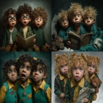 **multiple triplets children's book illustration. --ar 5:4 --p lv77wyc --s 1000 --v 7.0** - <@1071437900610293863> (fast)
