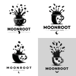 **A logo design featuring a stylized moon with a liquid splash and capsules, above the word "MOONROOT". The moon is depicted with craters and a handle, resembling a cup. Black liquid is splashing out of the moon-cup, with several black capsules floating around the splash. Below the moon-cup is the word "MOONROOT" in bold, sans-serif font, with a crescent moon symbol replacing the double "O"s. The entire design is in black and white.** - <@1100010158496686091> (fast)