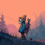 **<https://s.mj.run/RTecCqauTFQ> Reimagine this clean cartoon illustration in a painterly, atmospheric style. Use muted earthy tones blended with halloween colored pastels, textured brush strokes, and hazy gradients in the sky. Hiking through the forest with his cat. In the Pacific Northwest near the mountains during blue hour. Apply loose, expressive linework with subtle shading, crosshatching, and worn textures. Add depth and warmth through cinematic lighting and moody color grading. Expressions should remain exaggerated yet nuanced, balancing humor and melancholy within an atmospheric, storybook-like setting. Color Palette: 20% pastel periwinkle 40% pastel cotton candy 20% pastel sekura pink 10% pastel celadon 10% pastel black** - Image #1 <@757787837981786134>