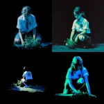 **simple painting of a school girl on her knees gardening, facing forward front-on, school logo clearly visiable on front of shirt, black background, backlit blue and green --v 7.0** - <@696956474584334417> (fast)