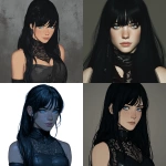 **An alabaster white skinned aasimar grave cleric with neat, long jet black hair and bangs. She has subtle black freckles on her face and piercing bright blue eyes. She carries herself with a refined, elite air but she has kindness and warmth on her face. She is wearing all-black leather tank top that goes all the way up her neck with a lace pattern etched into the leather. She is a cleric of the the grave. Do this in the style of dungeons and dragons illustration portraiture.** - <@878478340170866709> (fast)